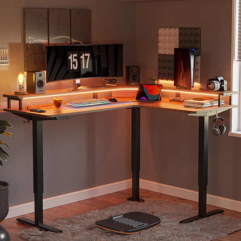 Triple Motor L-Shaped Standing Desk with Ambient Light & Outlets