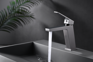 Black Gun Metal Single Handle Bathroom Faucet Modern Design, in a bathroom setting