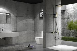 Matte Black Single Handle Shower Set with Gold Accents, in a bathroom setting