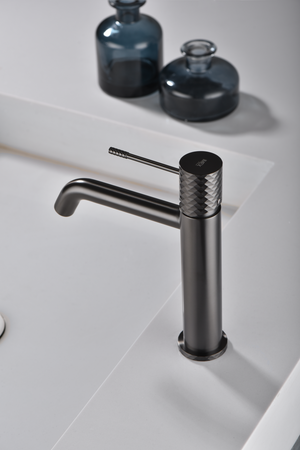 Black Gun Metal Single Lever Basin Mixer Faucet, in a bathroom setting