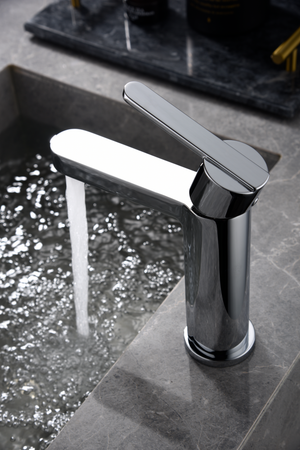 Roma Chrome Single Lever Sink Faucet Modern Design, in a bathroom setting