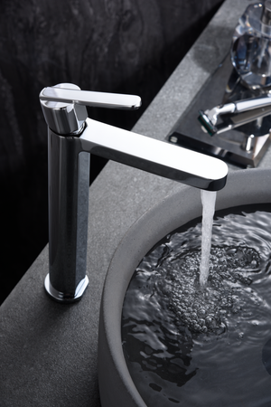 Roma Chrome Tall Sink Mixer Single Lever Faucet, in a bathroom setting