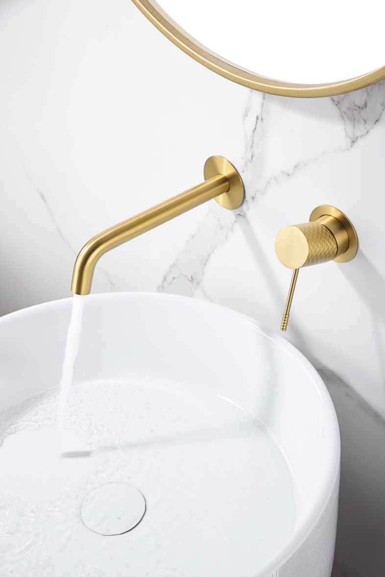 Brushed Gold Basin Mixer Faucet Single Lever, in a bathroom setting