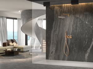 Rose Gold Brushed Thermostatic Shower Set Built-in, in a bathroom setting