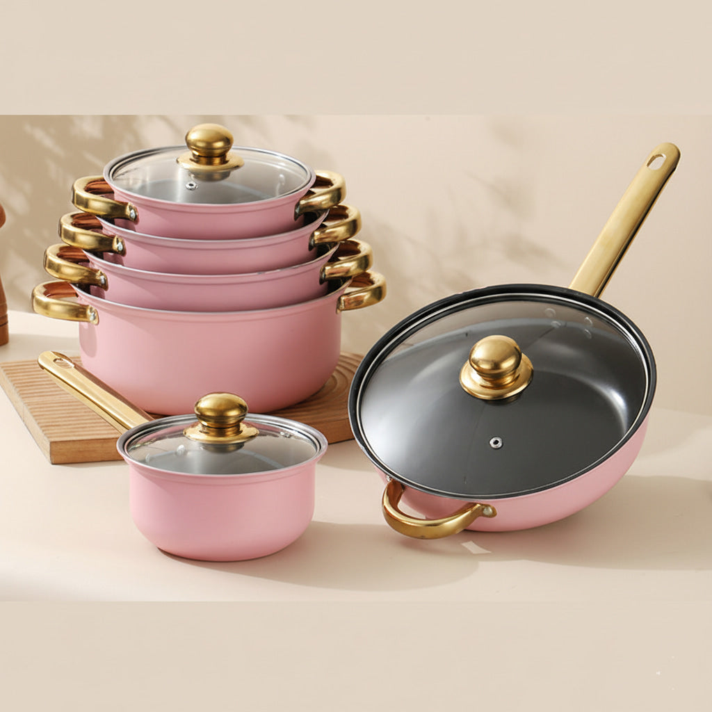 12 Piece Stainless Steel Glass Lid Non Stick Cookware Set