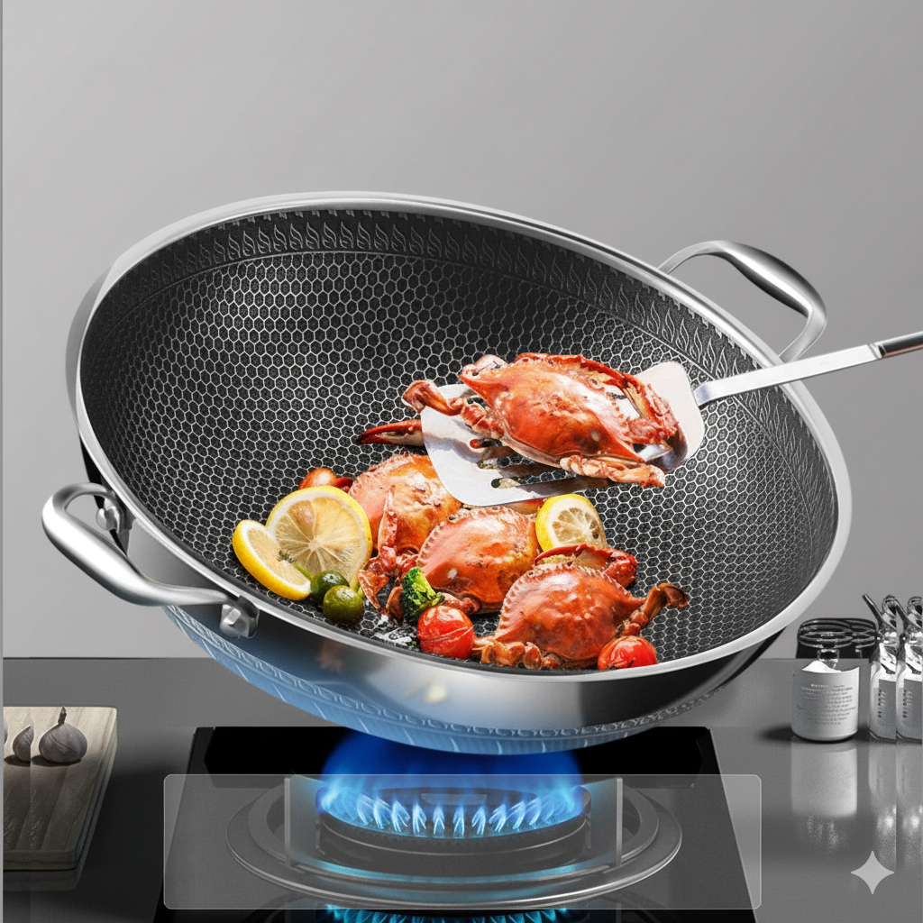 Double Handle Stainless Steel Non Stick Wok