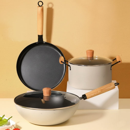 3 Piece Non Stick Stone Wok Frying Pan Pot Cookware Set