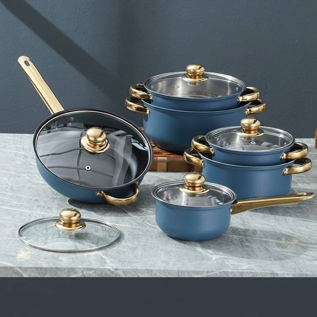 12 Piece Stainless Steel Glass Lid Non Stick Cookware Set