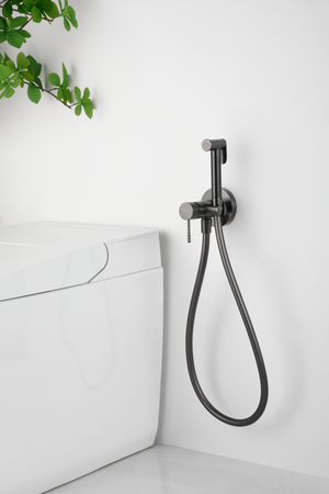 Black Gun Metal Built-in Bidet Faucet Modern Design, in a bathroom setting