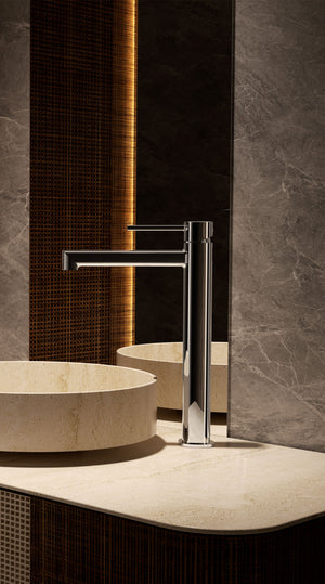 Toscana Chrome Tall Single Lever Basin Mixer, in a bathroom setting