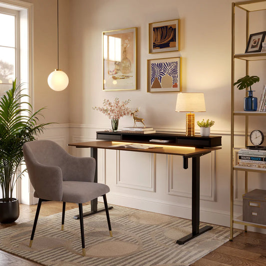 Electric Standing Desk with Double Drawer and Glass Top