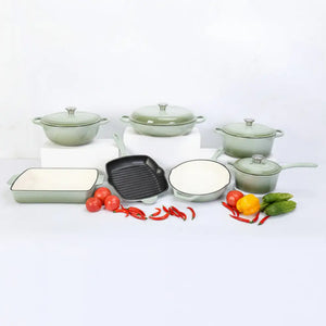 Cast Iron Non stick Pan Pot Casserole - 7-Piece Set / Light green - Cookware set