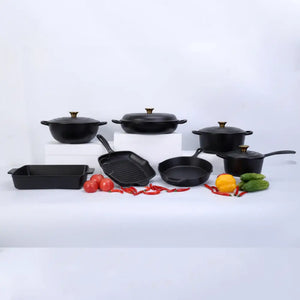 Cast Iron Non stick Pan Pot Casserole - 7-Piece Set / Matte black - Cookware set