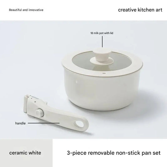 Ceramic Removable Non Stick Cookware Handle Frying Pot Set - 3 pieces - 18 milk pot with lid + handle - Cookware set