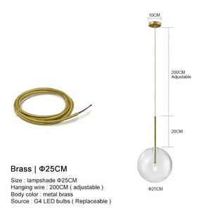 Clear Glass Ball Bedside Pendant Hanging Lamp - Brass Wire - 25 cm / Hanging Wire - 200 cm / Warm White - Pendant Lamp