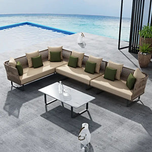 Close up of modern rattan weave texture on U-shape outdoor sofa set garden furniture