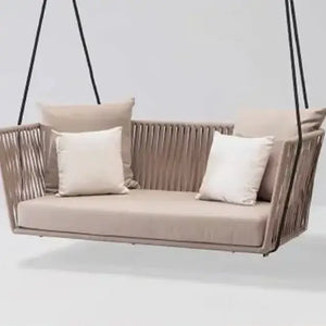Close up of woven rattan material texture on modern outdoor sofa set cushioning detail
