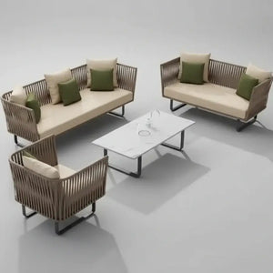 Close-up of woven rattan texture on modern U-shape outdoor sofa set garden furniture