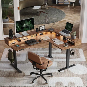 Triple Motor L-Shaped Standing Desk with Ambient Light & - Desk
