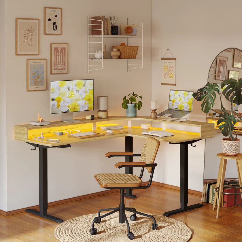 Triple Motor L-Shaped Standing Desk with Ambient Light & Outlets