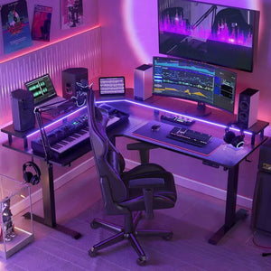 Triple Motor L-Shaped Standing Desk with Ambient Light & - Desk > Gaming Desk