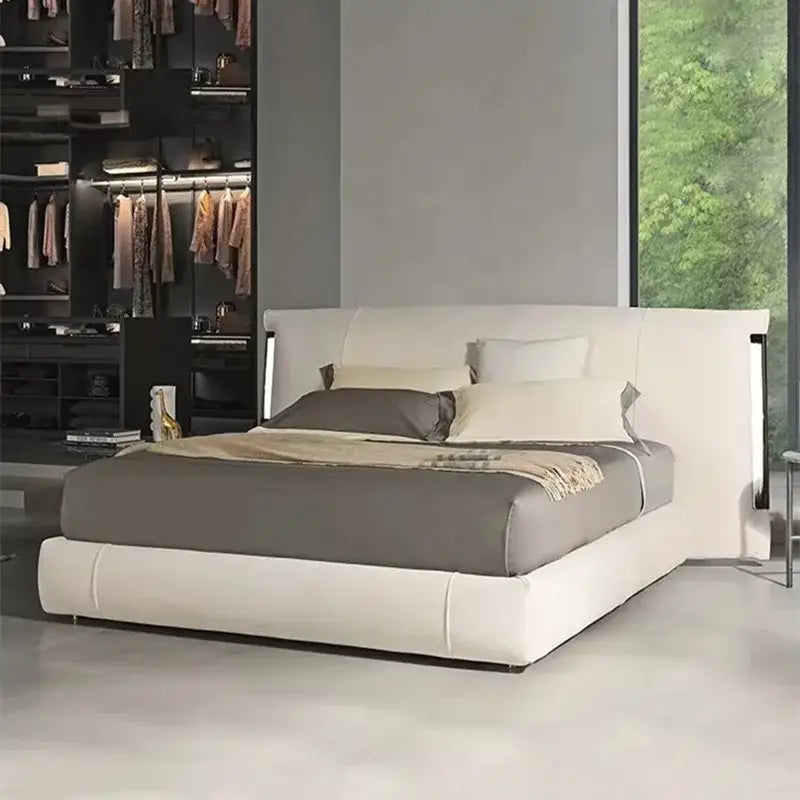 Minimalist PU Leather Double Veneer Wood Bed Frame - Beige / 180 x 200 cm - Bedroom