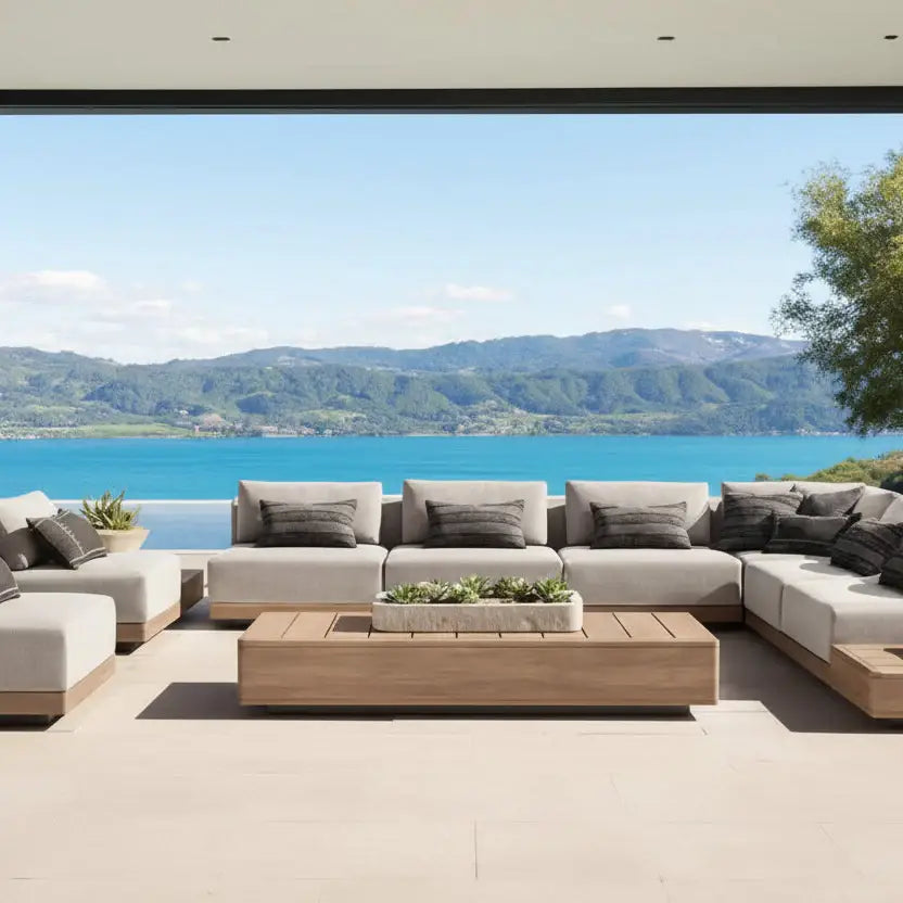 Modern aluminum 3-seater outdoor modular sofa showcasing weatherproof material construction and contemporary design detail.