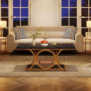 Modern 2 Tier Rectangular Marble Coffee Table - Black - Multifunctional coffee table