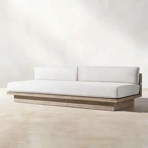 Modern Japanese garden sofa displaying durable waterproof fabric weave and textured material construction detail.