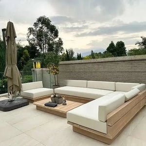 Modern Japanese Garden Sofa in neutral tones showing waterproof fabric texture and contemporary design details from side angl