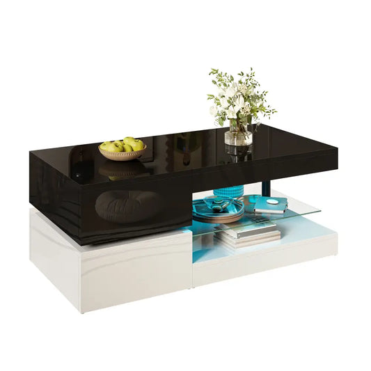 Modern LED Bluetooth Control Glass Shelf Coffee Table - Black + White - Multifunctional coffee table
