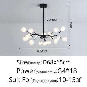 Modern LED Chandelier Light Tree Branch Firefly - Black 18 Heads / Glass lampshade / Warm White 3000K - Lamps