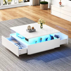 Modern LED 2 Drawers Transparent Coffee Table - White - Multifunctional coffee table