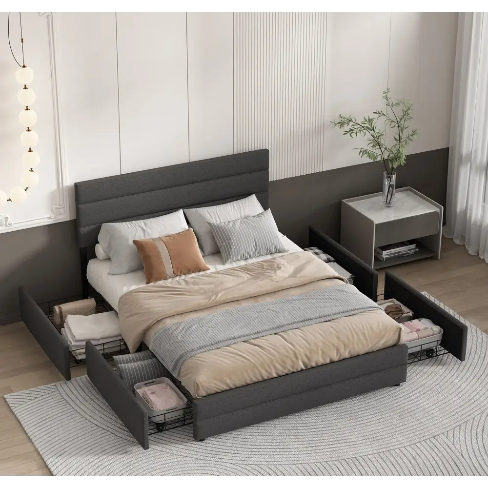 Modern Linen Fabric Storage Upholstered Bed Frame - Bedroom