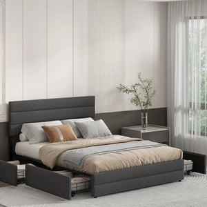 Modern Linen Fabric Storage Upholstered Bed Frame - Bedroom