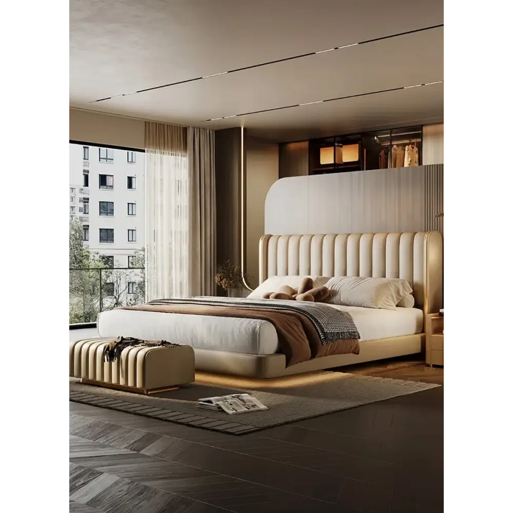 Modern Luxury PU Leather Light Storage Double Bed - Bedroom