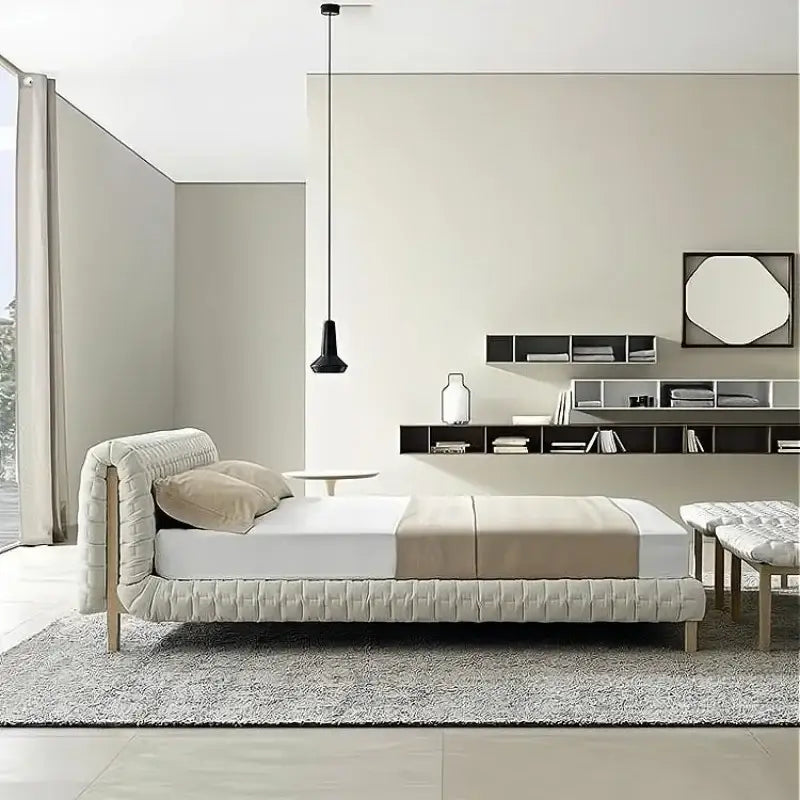 Modern Ruche Wood High End Double Fabric Bed Frame - Bedroom