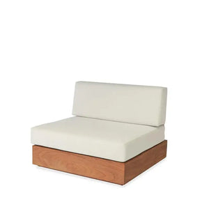 Modern teak outdoor sofa set showing durable wood grain texture and weather resistant construction details.