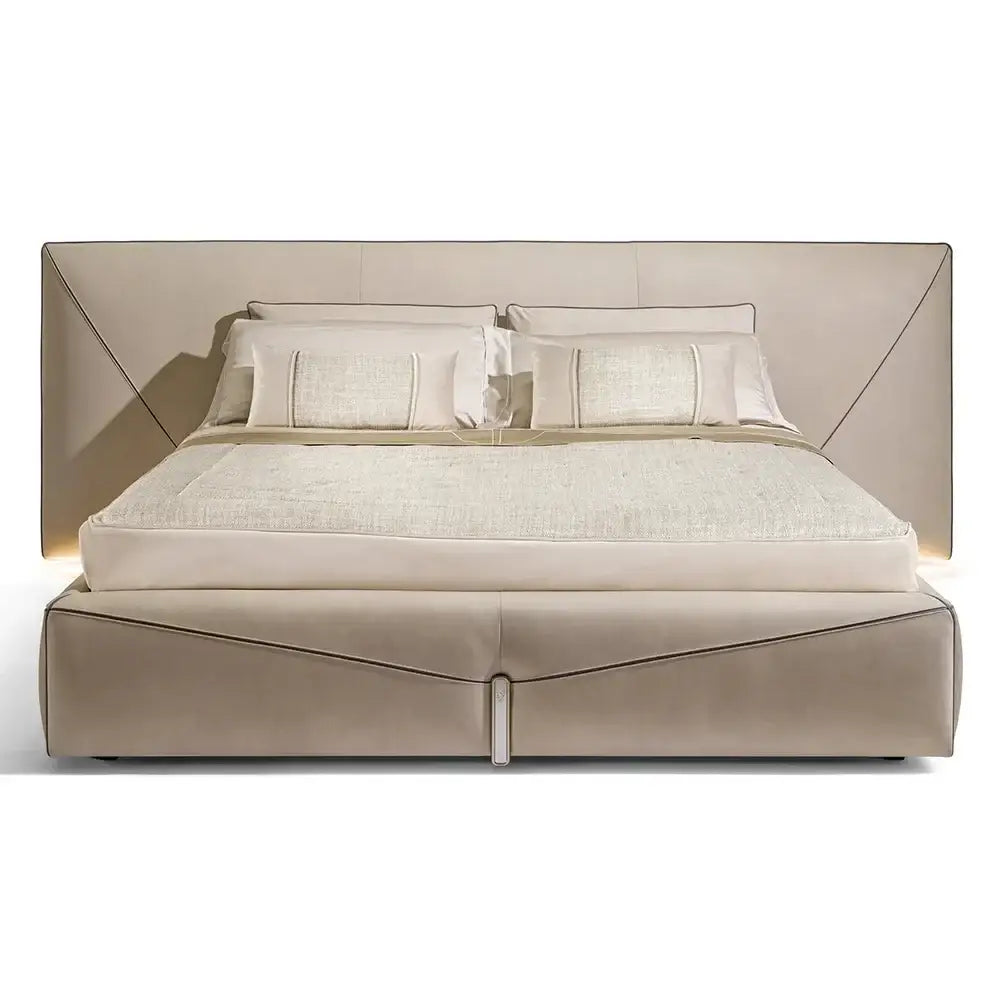 Modern Upholstered Headboard Soft Leather Bed Frame - Beige - Bedroom
