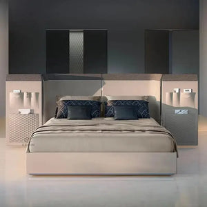 Modern Wood Double Bed High End Bed Frame - Beige / Bed Frame + Extra Nightside: 341 x 129 x 221 cm - Bedroom