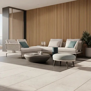 Modular L-shaped outdoor rattan sofa set with cushions and coffee table in aluminum frame