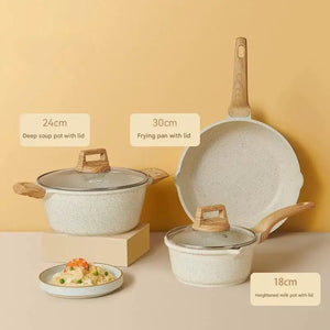 4 Piece Non Stick Cookware Frying Pan Soup Pot Set - Three-piece set wok + milk pot + soup pot - Cookware set