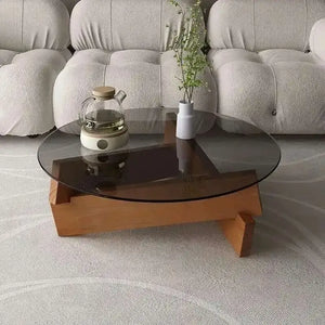 Nordic Minimalist Round Transparent Glass Wood Coffee Table - Multifunctional coffee table