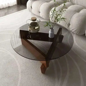 Nordic Minimalist Round Transparent Glass Wood Coffee Table - Multifunctional coffee table