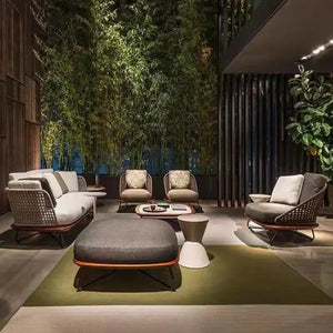 Nordic Outdoor Garden Wooden Rattan Sofa Set - Sofa + 2 Chairs + Marble Table Set - Sofa