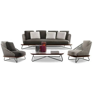 Nordic Outdoor Garden Wooden Rattan Sofa Set - Sofa + 2 Short Chairs + Wood Table Set - Sofa