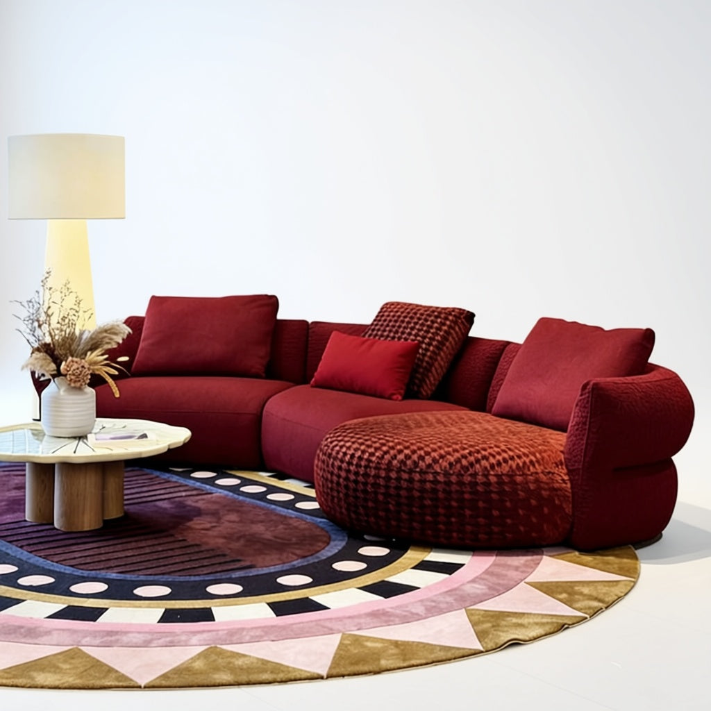 French Retro Red Houndstooth Chaise Sofa in Velvet Boucle