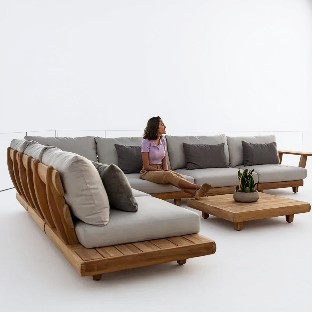 Outdoor Teak Sofa Nordic Solid Wood Wicker Leisure Tea Table Set