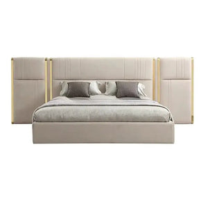 PU Leather King Large Headboard Side Table Bed Frame - Beige - Bedroom