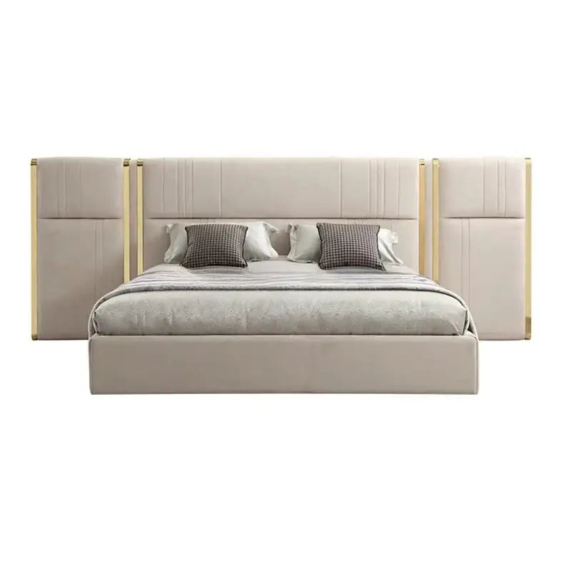 PU Leather King Large Headboard Side Table Bed Frame - Beige - Bedroom